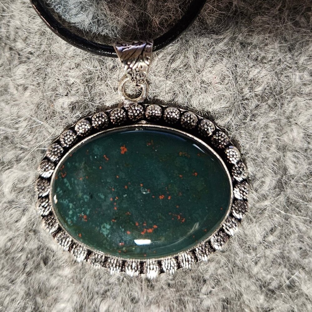 Bloodstone (agate) gemstone oval, pendant, silver plate, black cord, new
